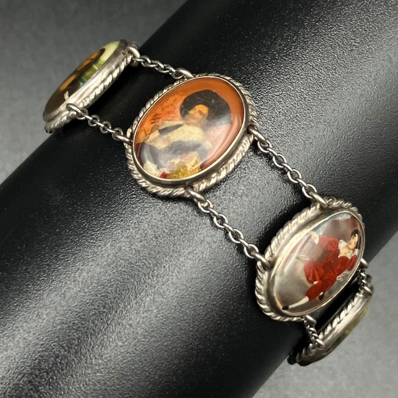 Estate Jewelry - Vintage Sterling Silver Bracelet Old Master's Famous Painting Panels Size 6.25 "